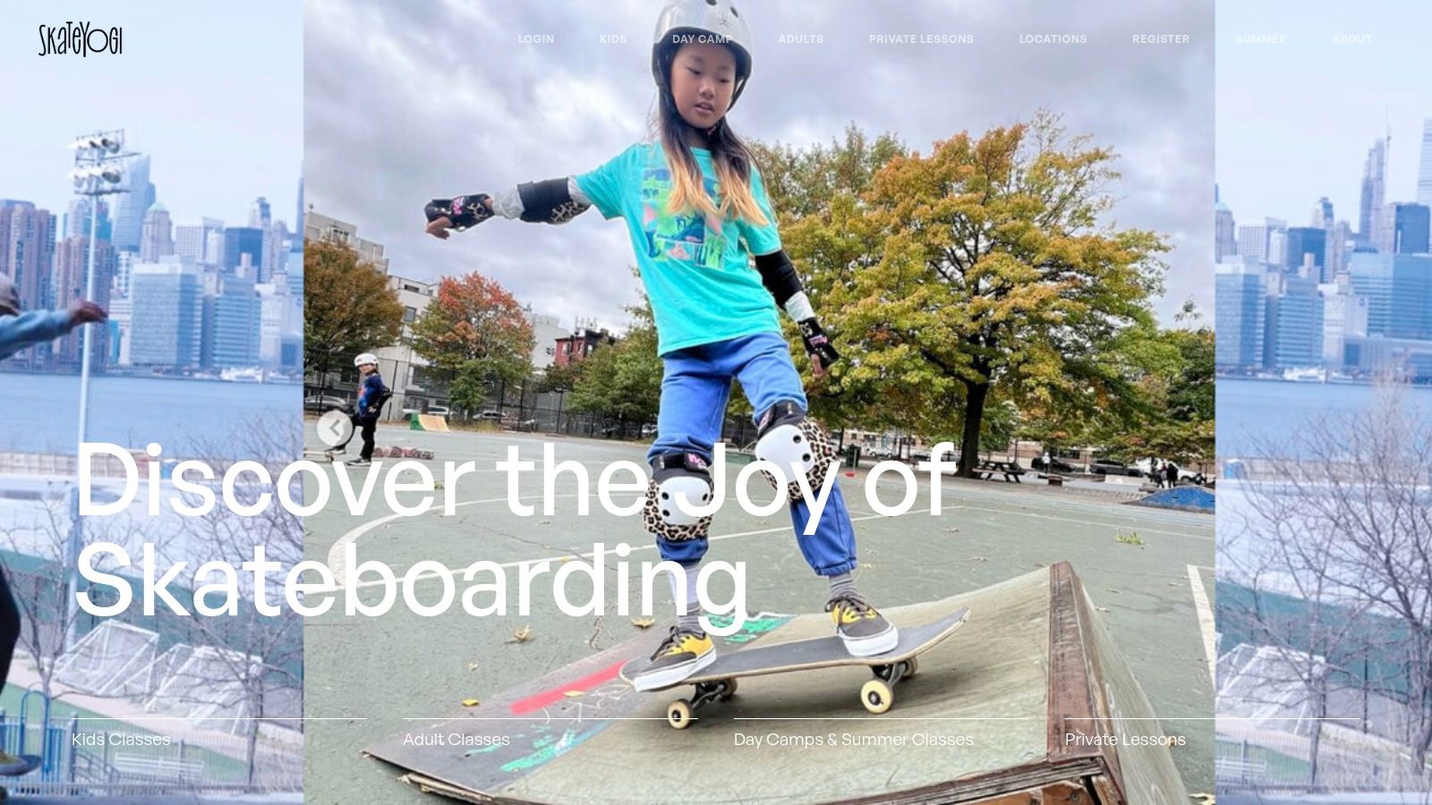 A young child learns to skateboard at SKATEYOGI, a Brooklyn-based skate school.