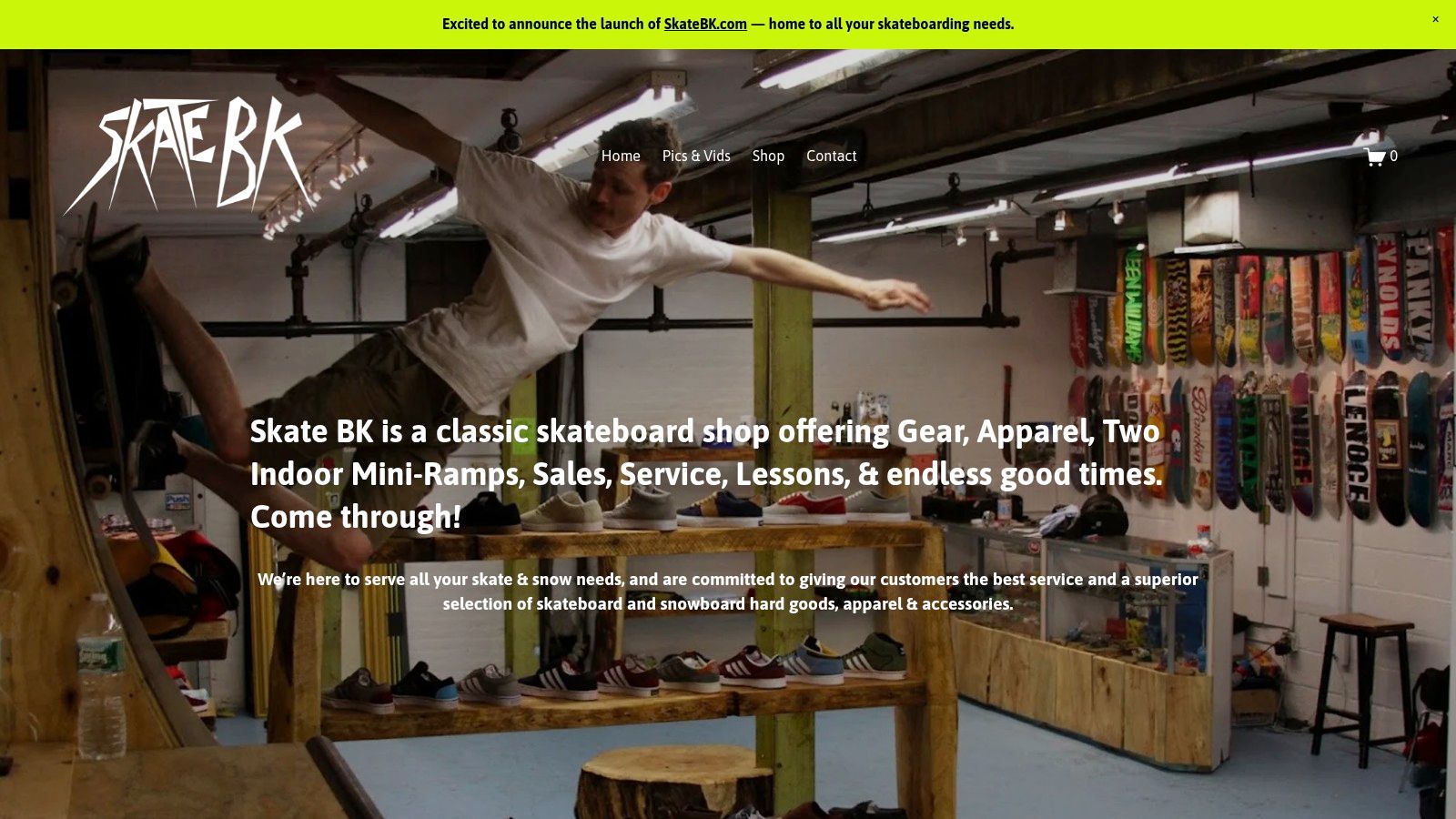 Skate BK (Skate Brooklyn) interior showing ramps and skate gear.
