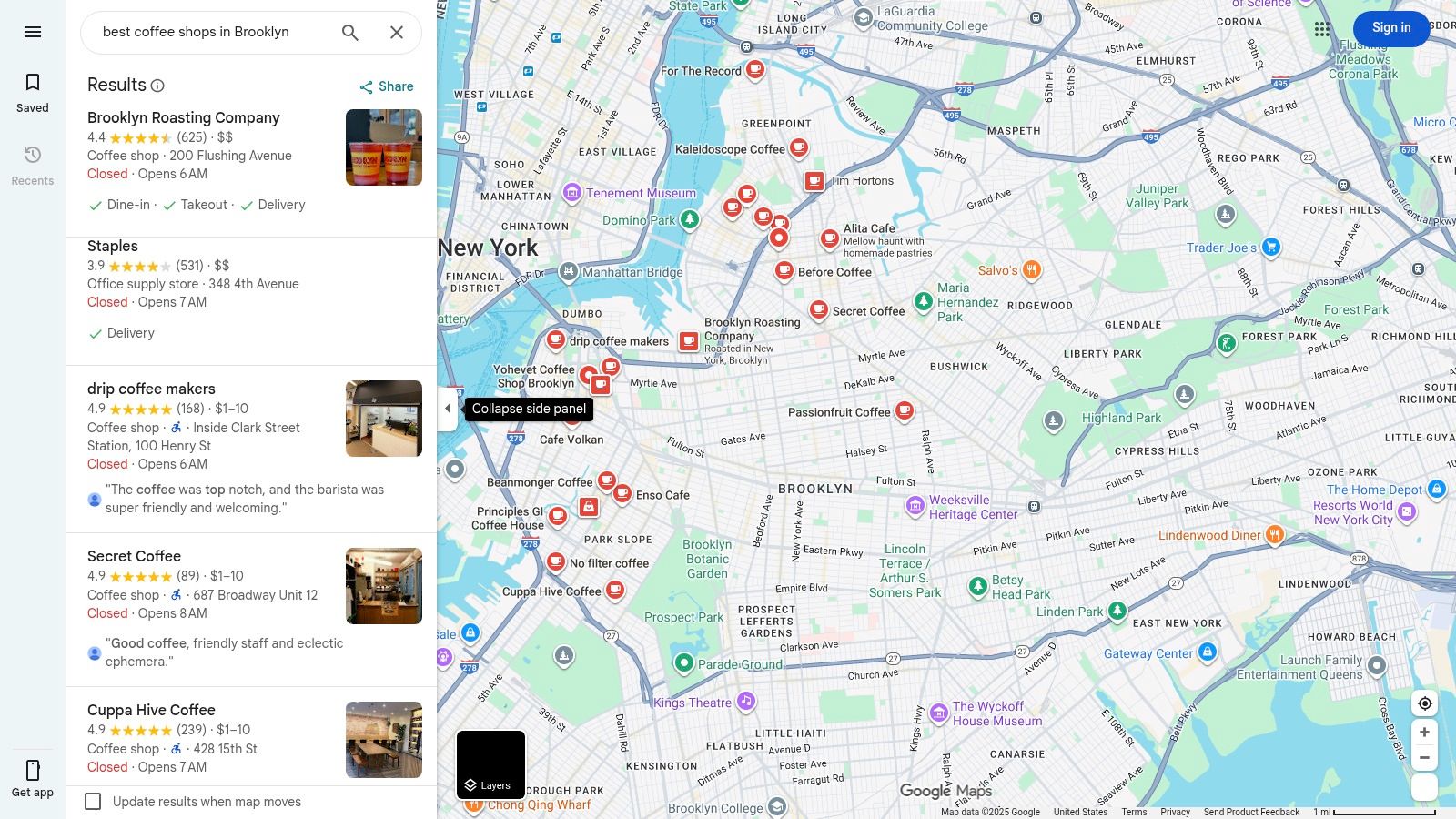 A Google Maps interface showing a search for "best coffee shops in Brooklyn" with several pins on a map.
