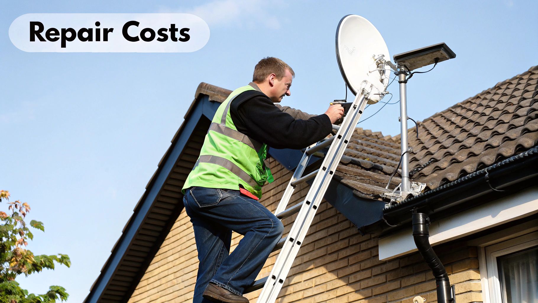 A technician in a safety vest on a ladder working on a satellite dish and solar panel on a house roof.