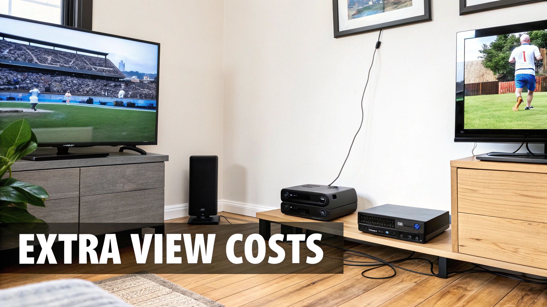 A modern living room with two TVs displaying sports content, surrounded by various entertainment devices.