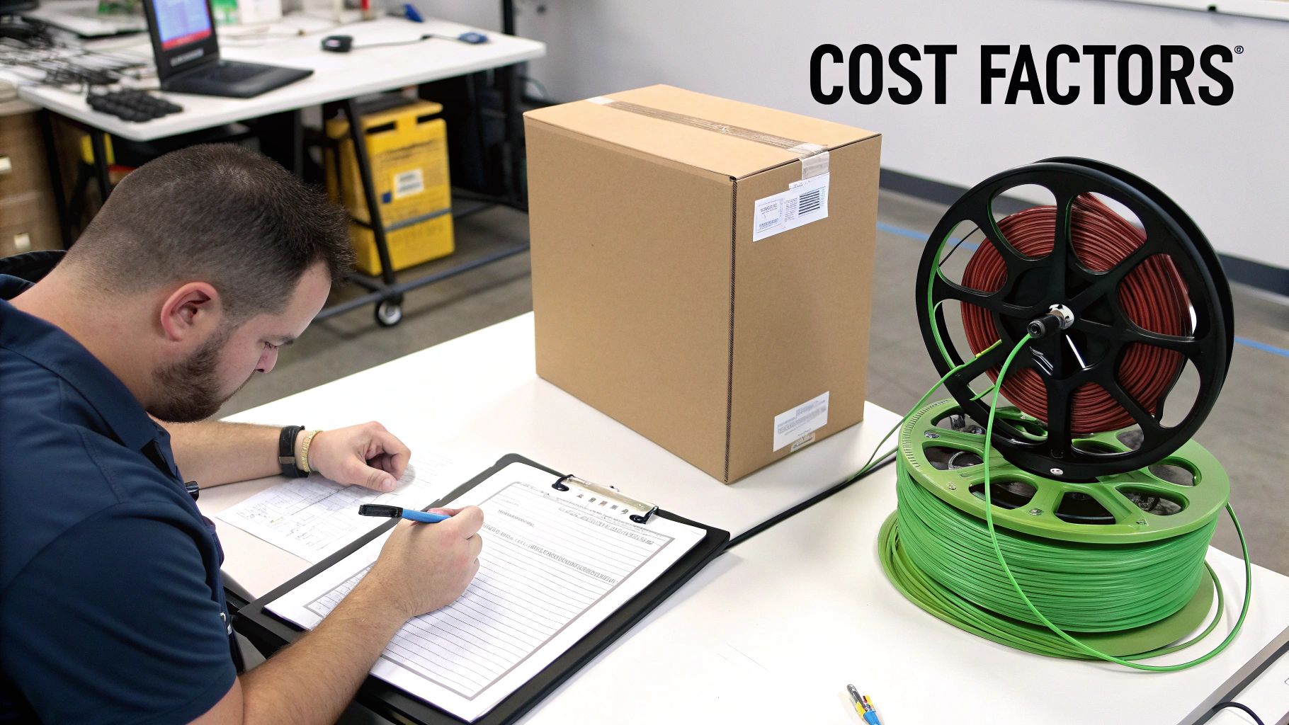 A man is writing at a desk next to a cardboard box and spools of cable, with 'COST FACTORS' text.