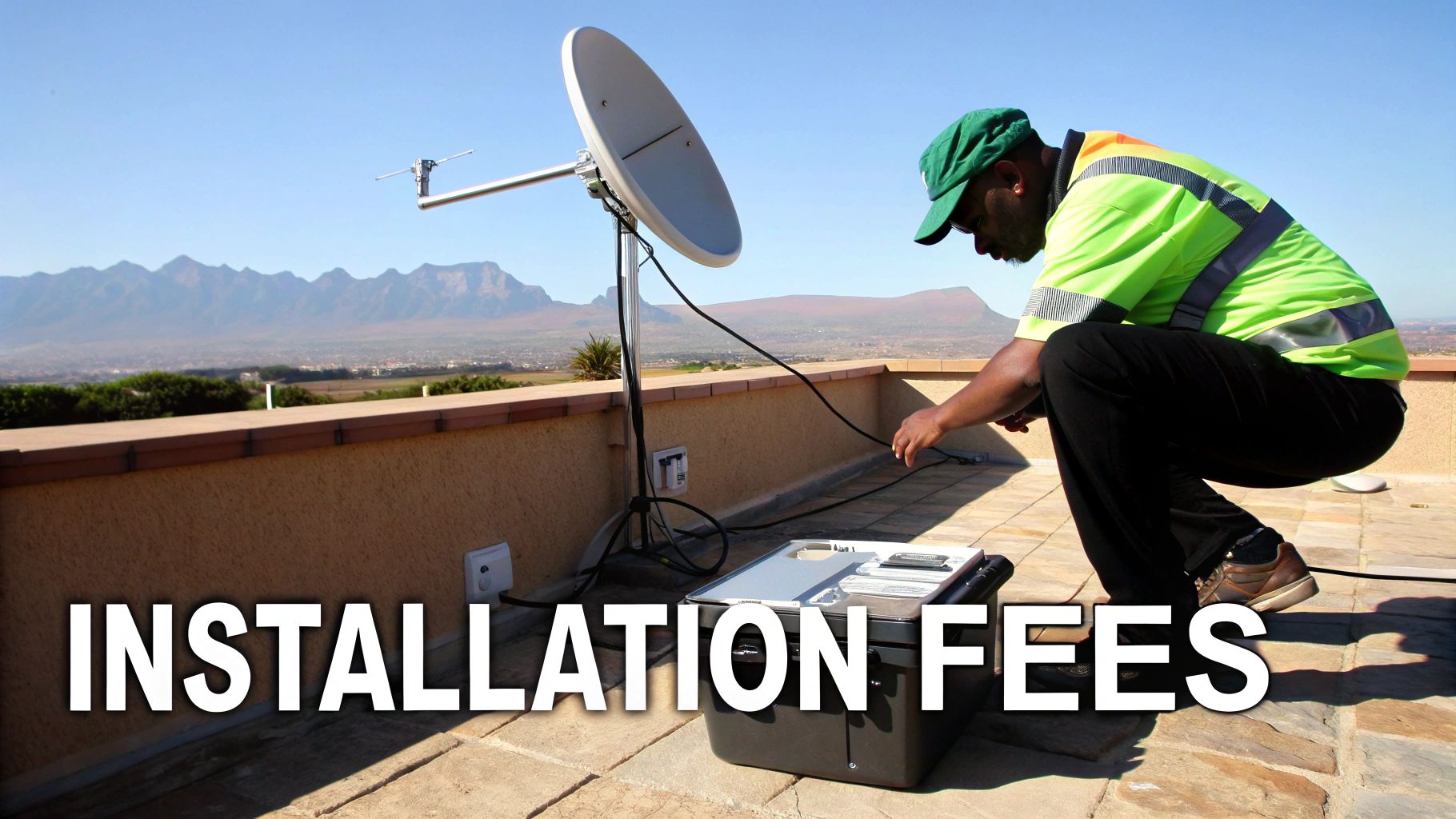An installer in a high-visibility vest connects cables to a satellite dish on a sunny rooftop with mountains in the background.
