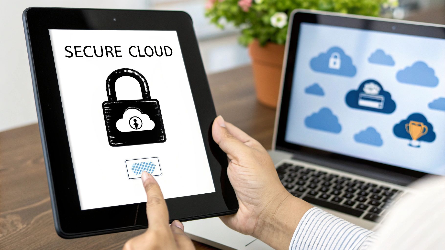 A secure padlock icon overlaid on a digital cloud, symbolising cloud security.