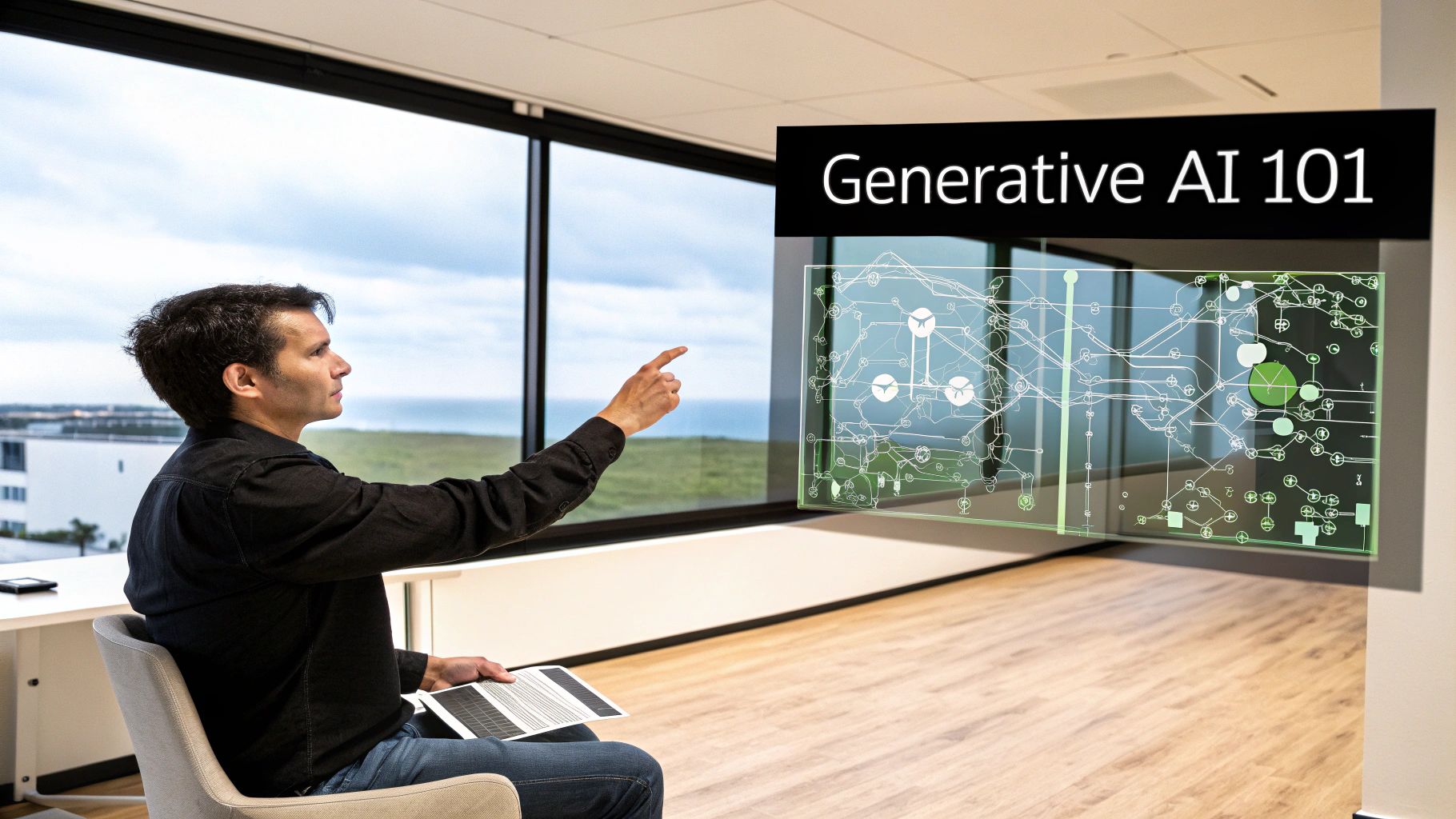 A person interacting with a futuristic digital interface, representing the creative potential of generative AI.