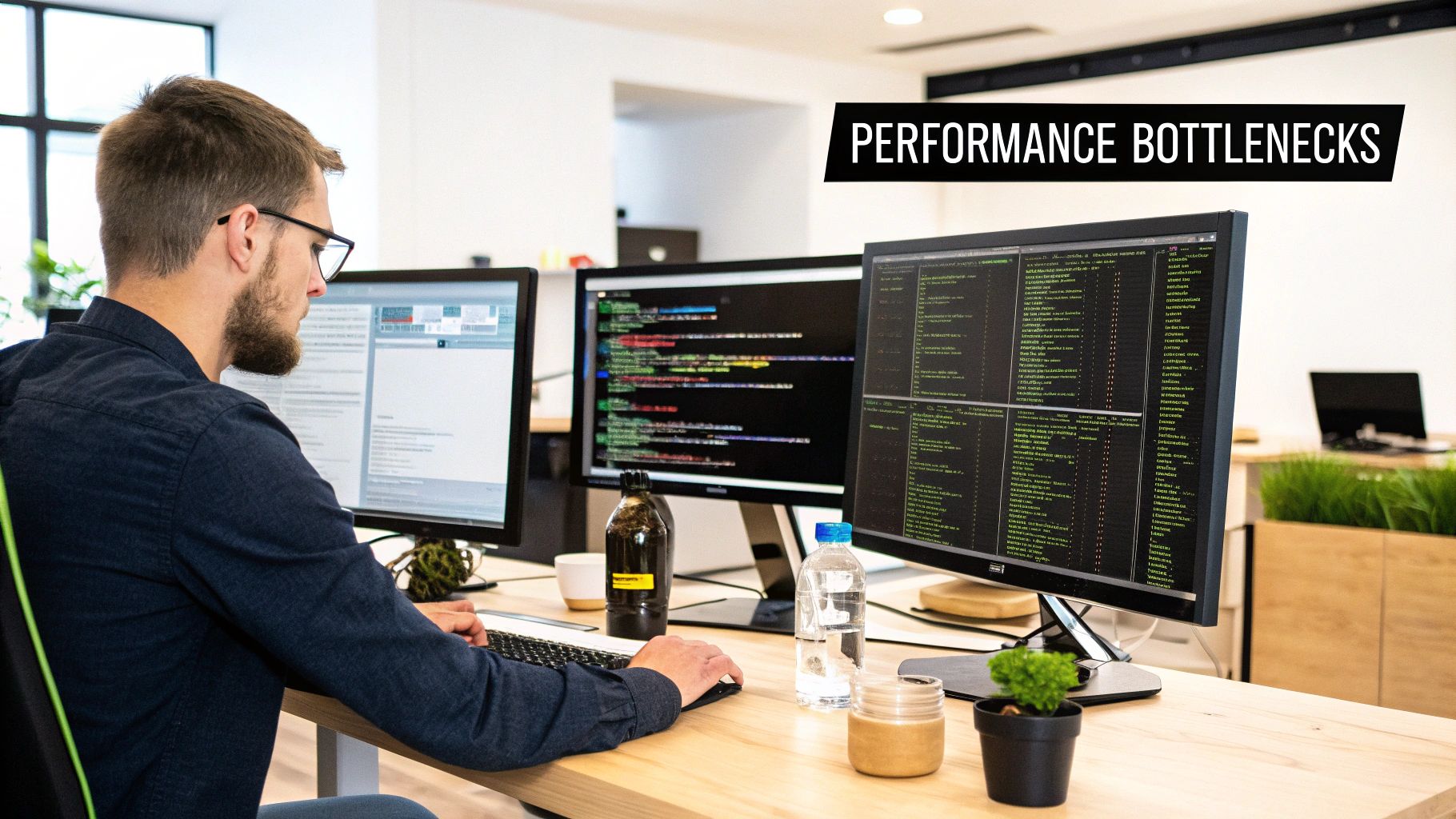 A developer looking at a complex query on a screen, with data flow diagrams overlaid, illustrating the process of query optimisation.
