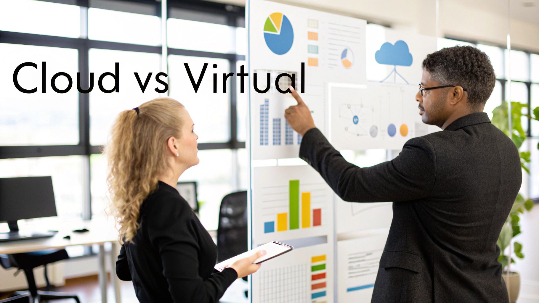 An abstract image showing two different scaling models: one with a gradual, step-like growth representing virtualization, and another with a fluid, elastic line representing cloud scalability.