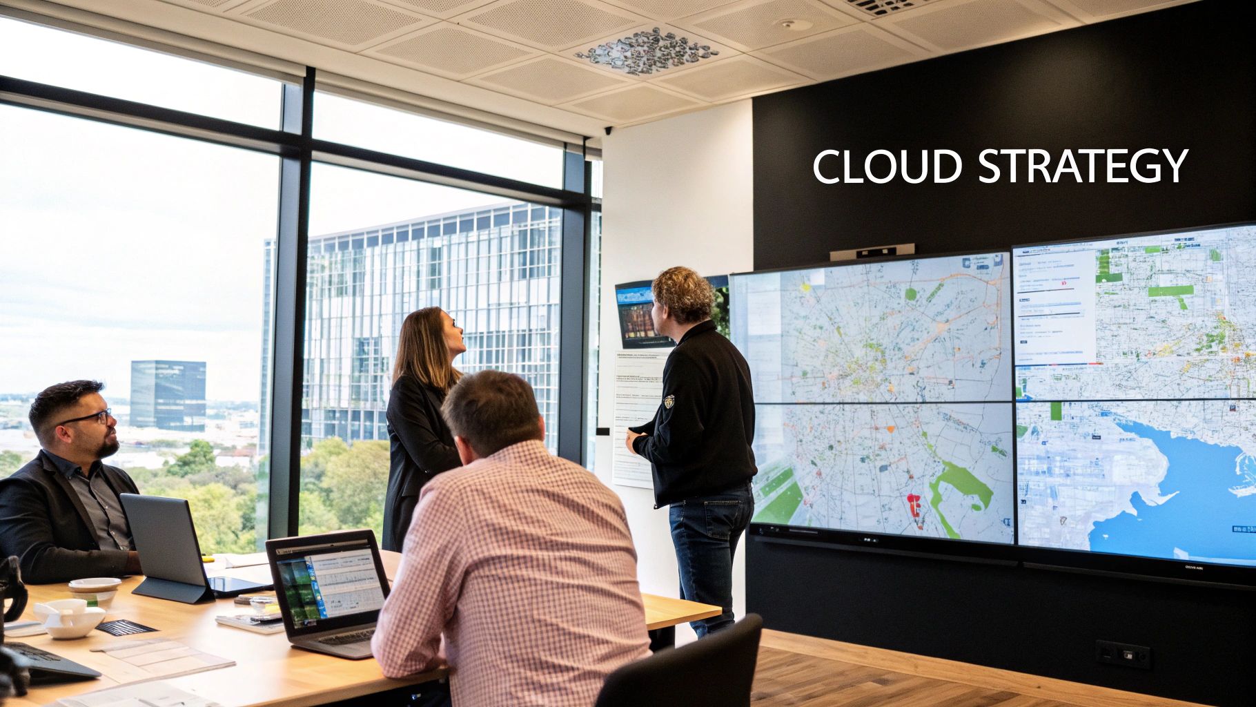 A group of professionals collaborating on a cloud adoption strategy in an office setting