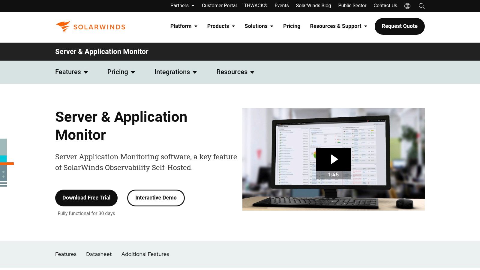 SolarWinds Server & Application Monitor dashboard showing application health
