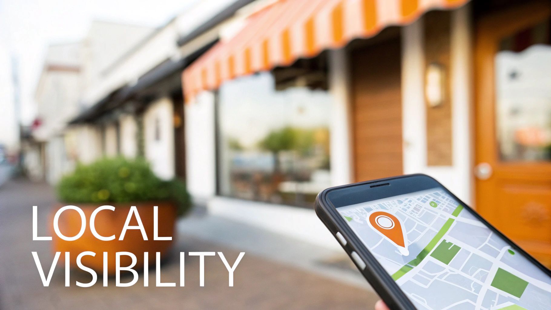 A hand holding a smartphone displaying a map with a location pin, 'LOCAL VISIBILITY' text, and blurred street shops.