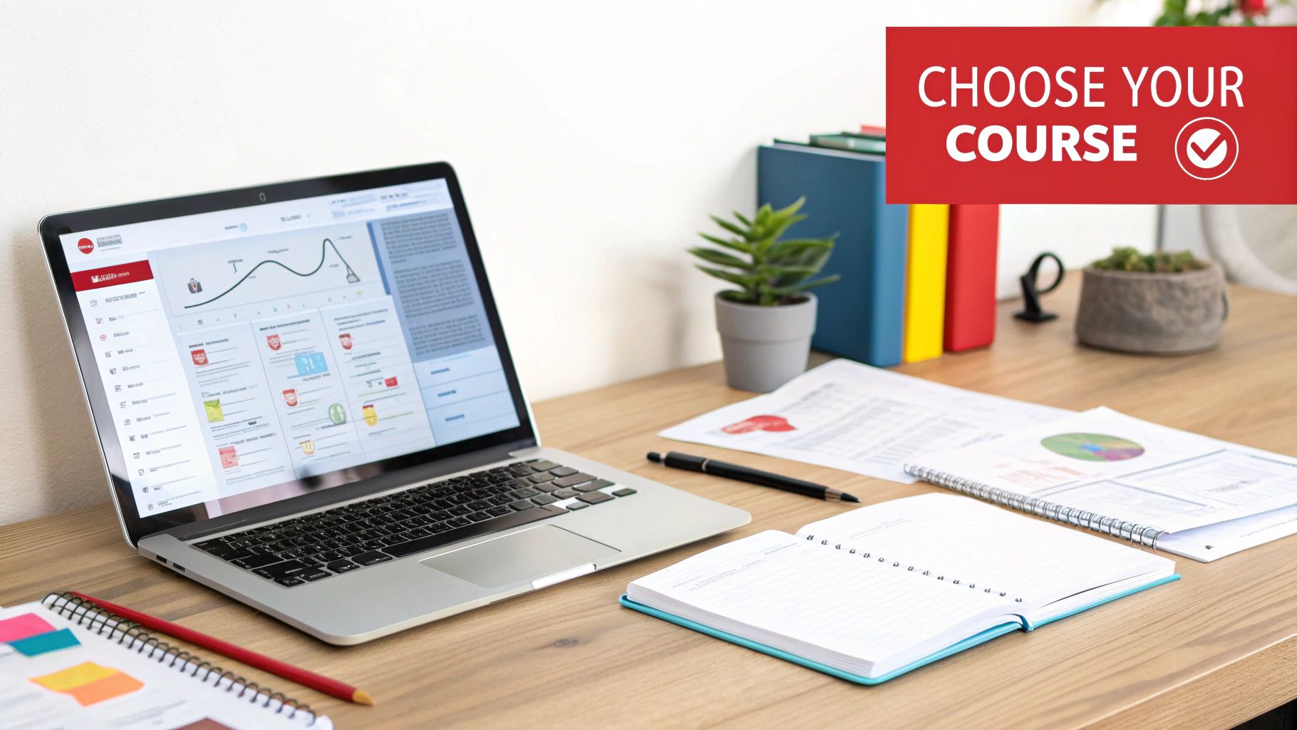 A laptop on a wooden desk displaying an online course, with notebooks, pens, and plants, and a 'Choose Your Course' banner.