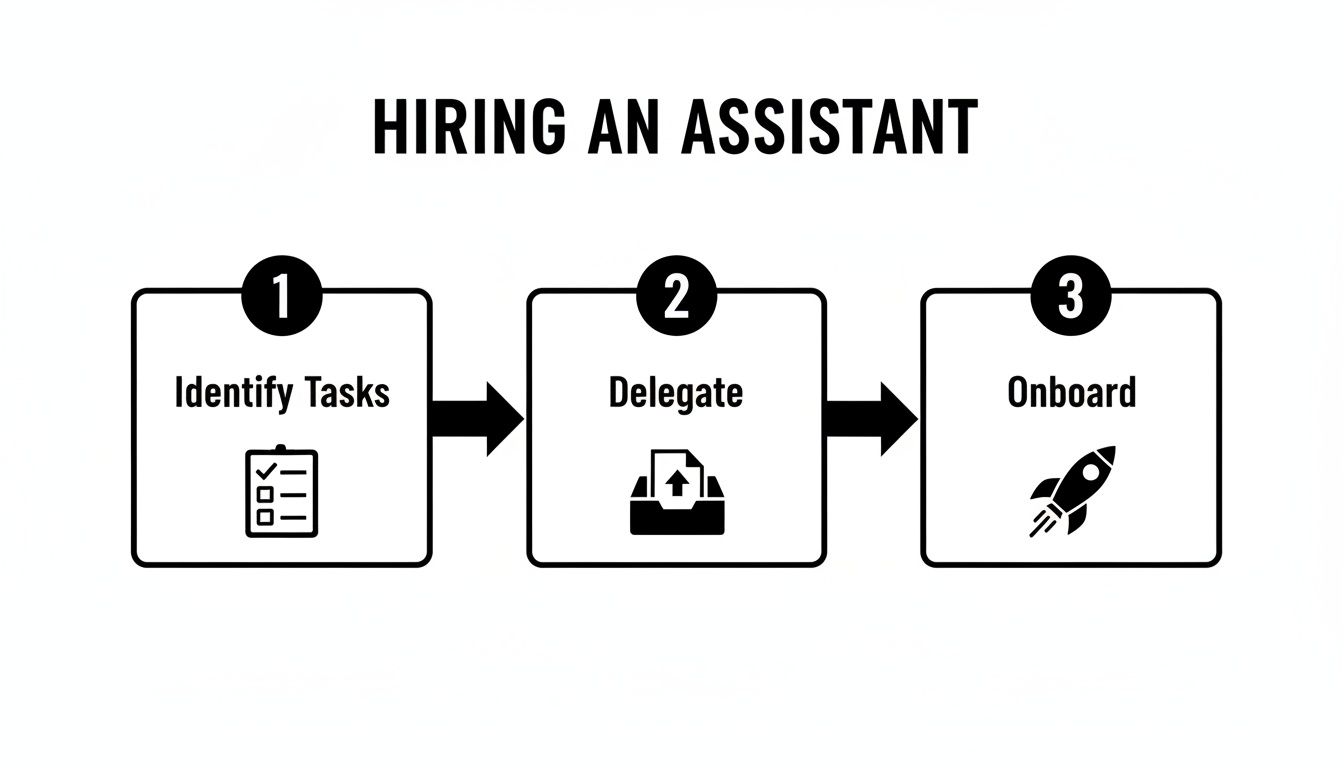 A three-step process infographic showing how to hire an assistant: identify tasks, delegate, and onboard.
