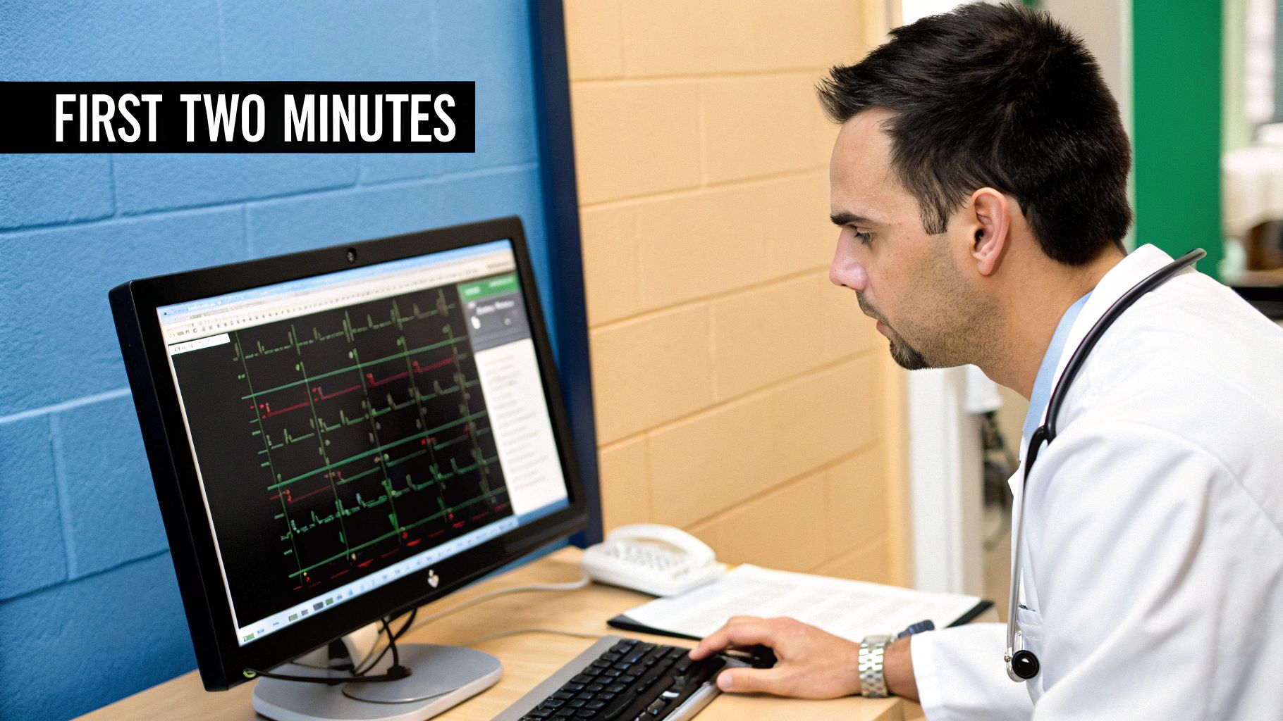 A doctor reviewing a patient's chart on a tablet in a modern hospital setting.