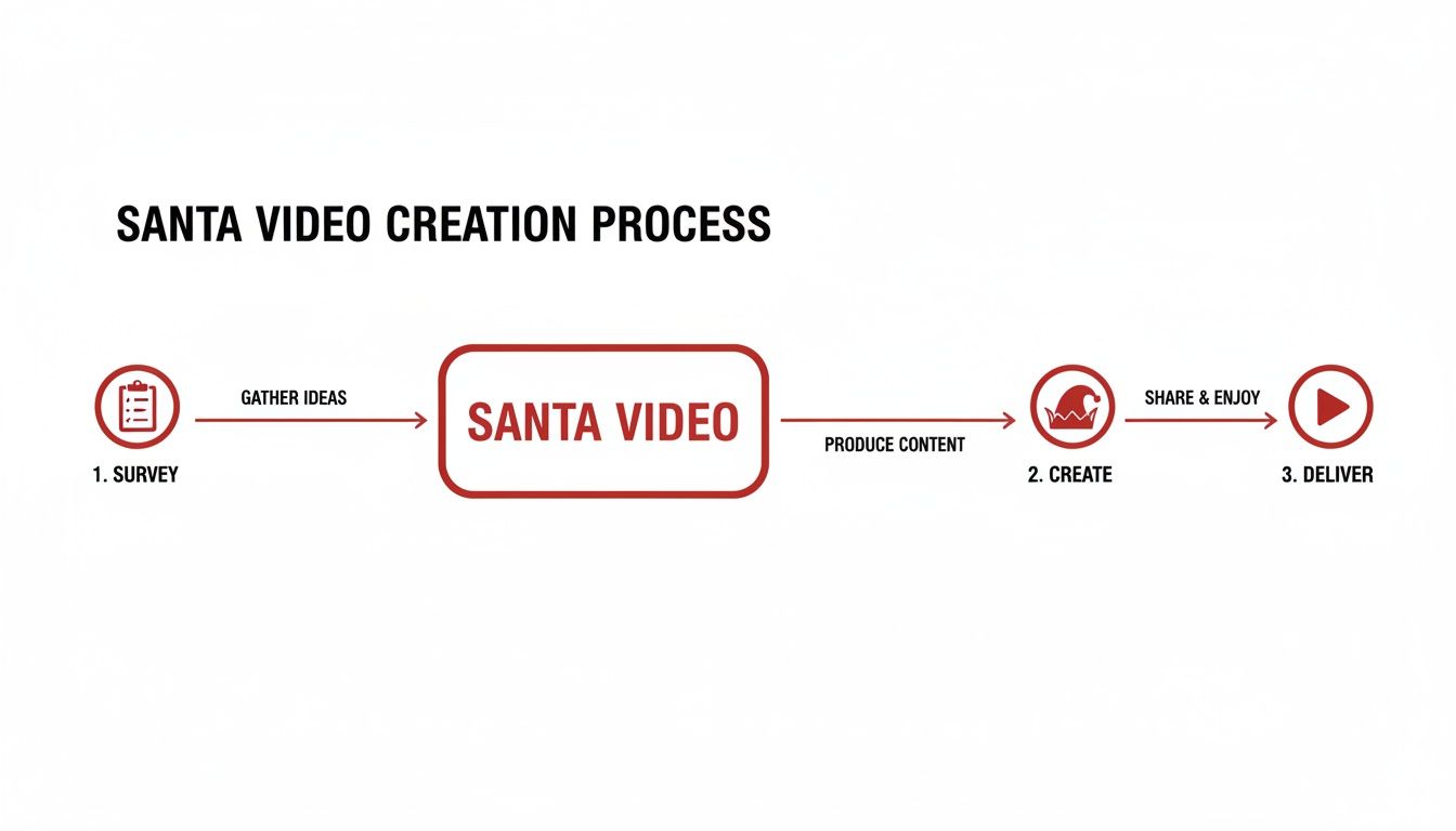 A flowchart illustrates the Santa video creation process, from gathering ideas to creating and delivering the video.