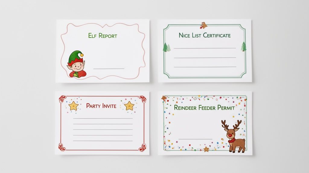 Four festive Christmas templates: Elf Report, Nice List Certificate, Party Invite, and Reindeer Feeder Permit.