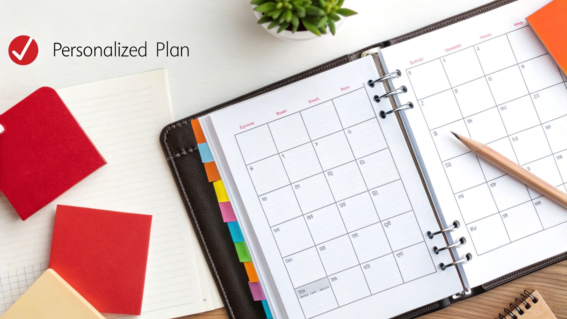 A personalized plan with a red checkmark, displayed on an open planner with a pencil and sticky notes.