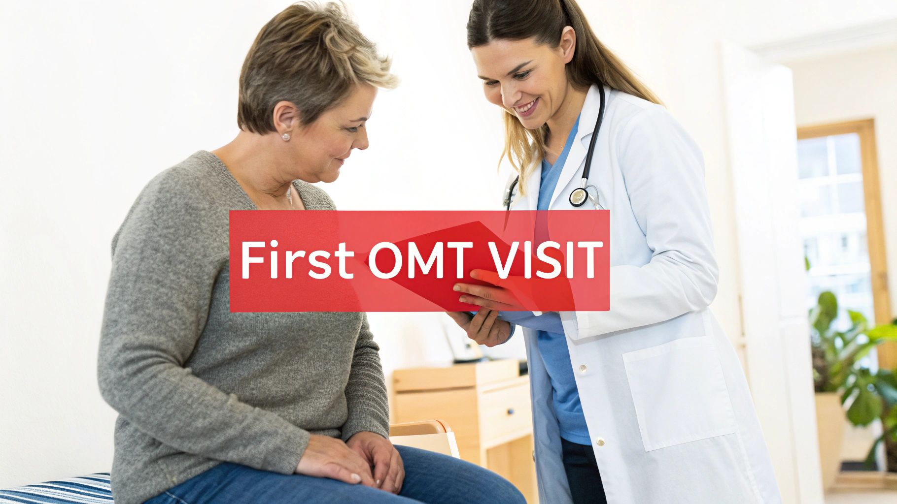 A smiling female doctor discusses a red folder with an older female patient during her first OMT visit.