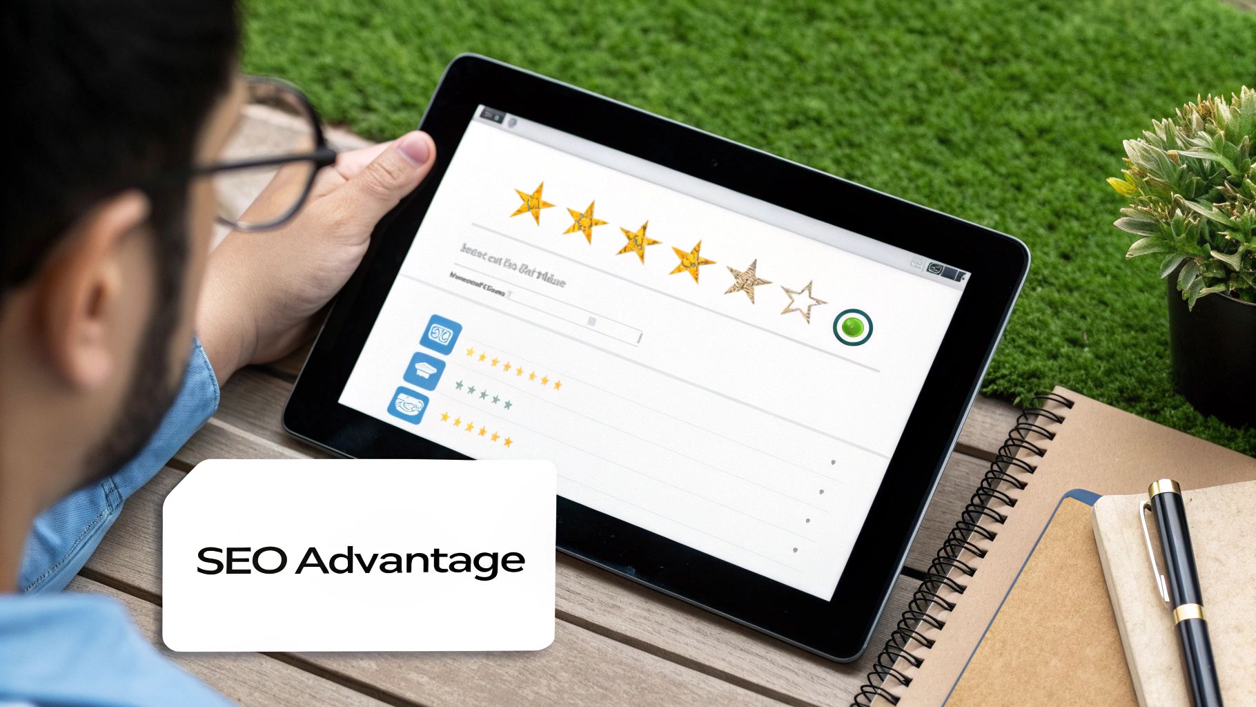 A chess board with a king piece that has a five-star rating icon above it, symbolizing strategic advantage in SEO.