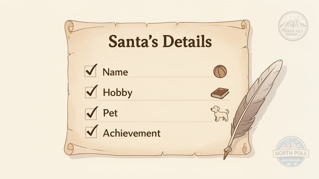 A detailed Santa's checklist on a parchment scroll, including name, hobby, pet, and achievement, with a quill pen.