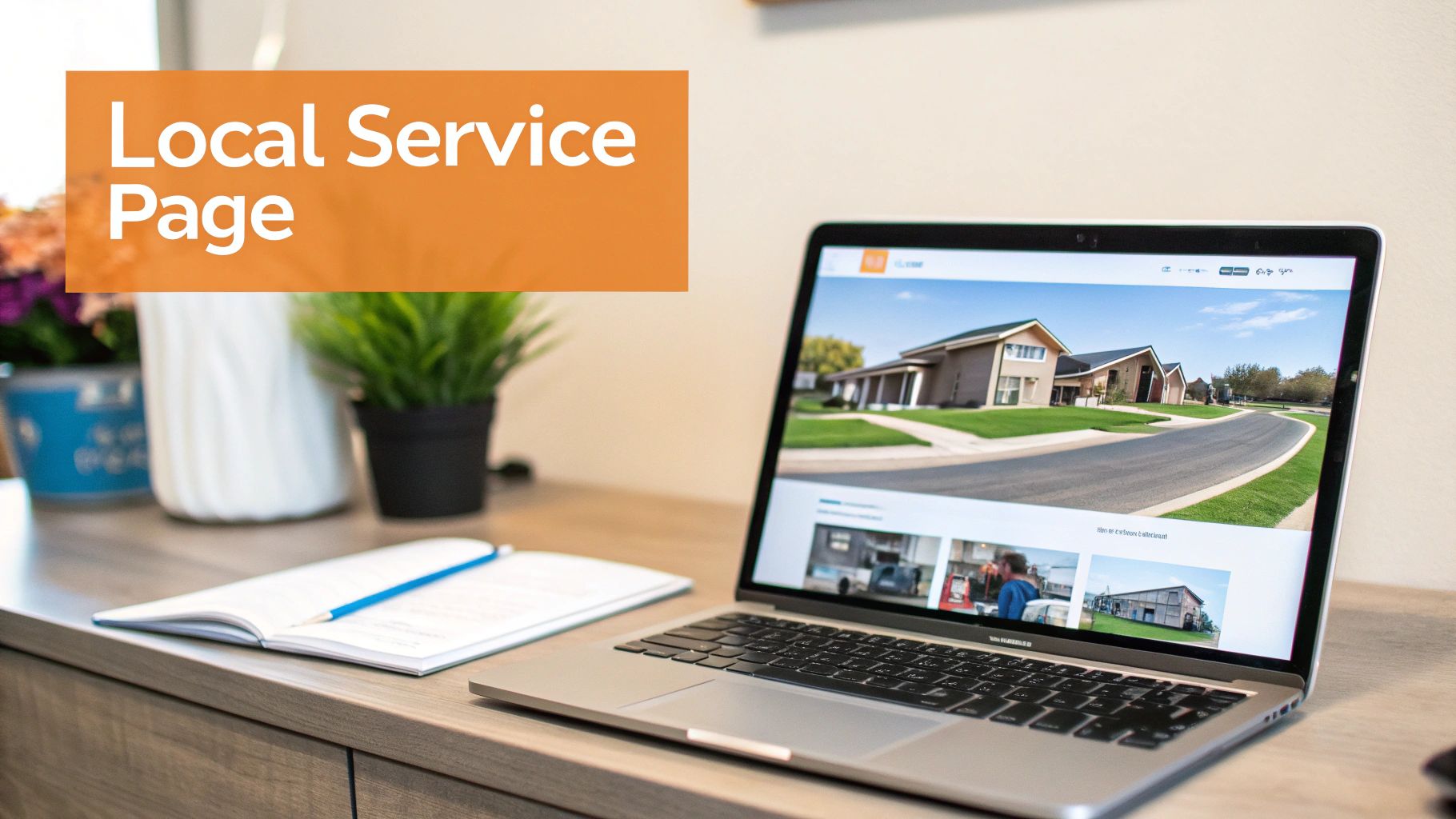 Laptop open to a website showing suburban houses, with 'Local Service Page' text overlay, on a desk.