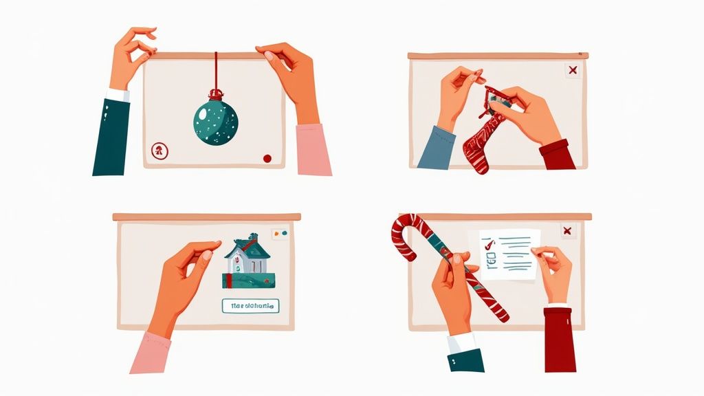 A person on a video call smiling while holding up a Christmas ornament for a virtual scavenger hunt