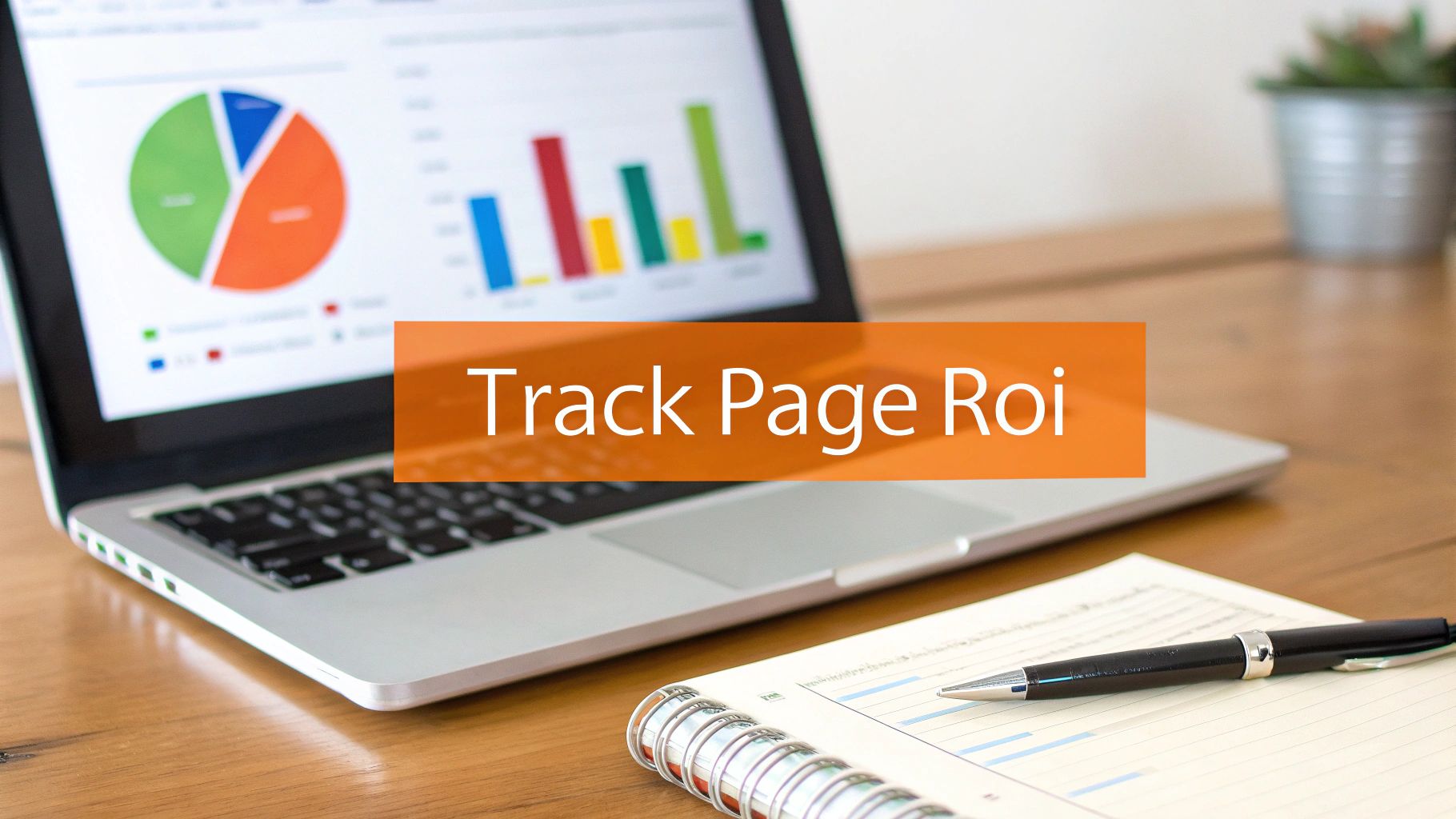 A laptop displays business data charts, with a notebook, pen, and an overlay text 'Track Page ROI'.