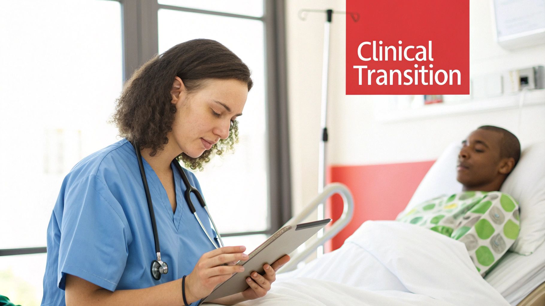 A nurse in blue scrubs uses a tablet next to a patient resting in a hospital bed in a hospital room.