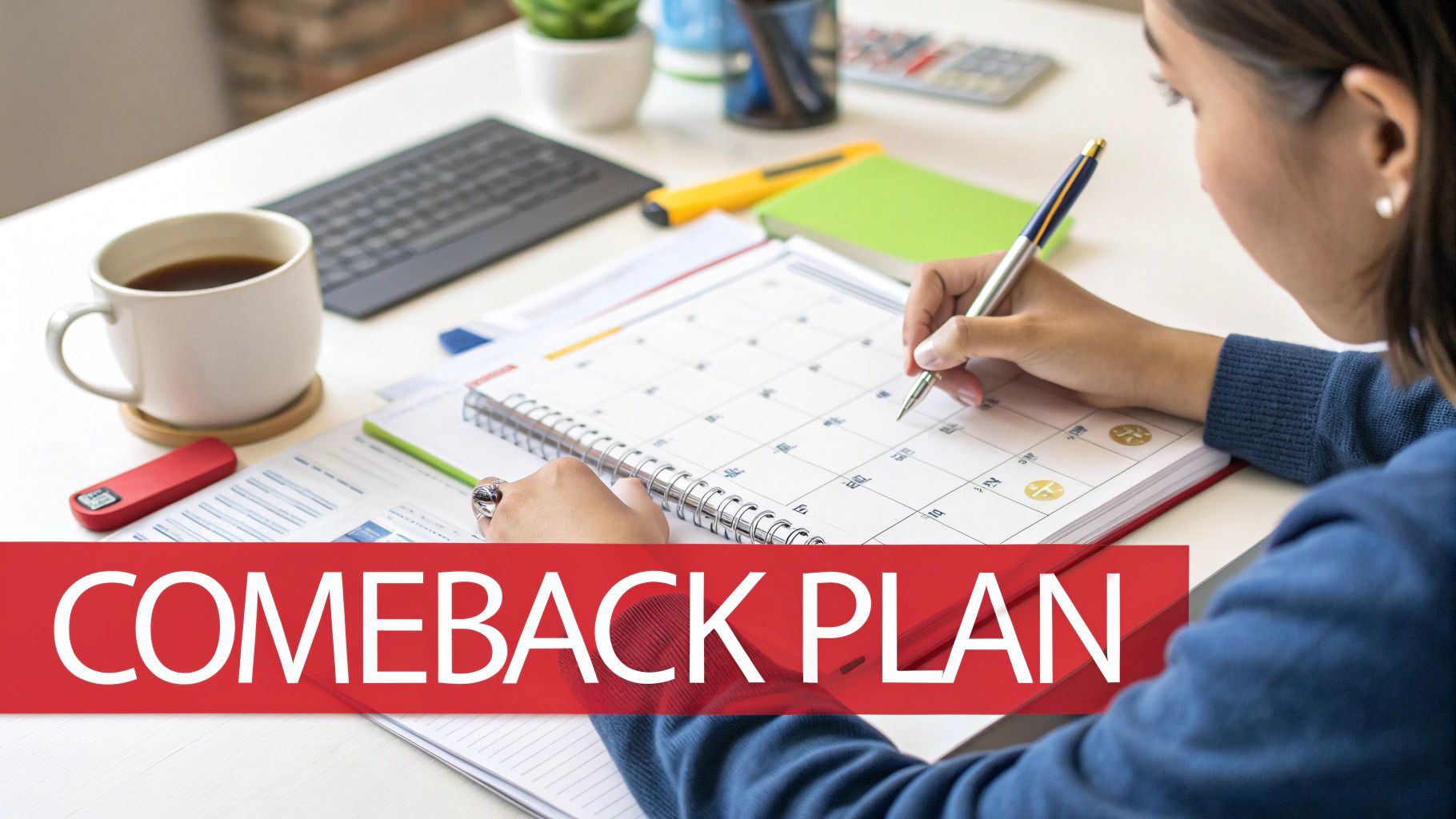 A person writes in a calendar, actively planning a comeback at a desk with coffee.