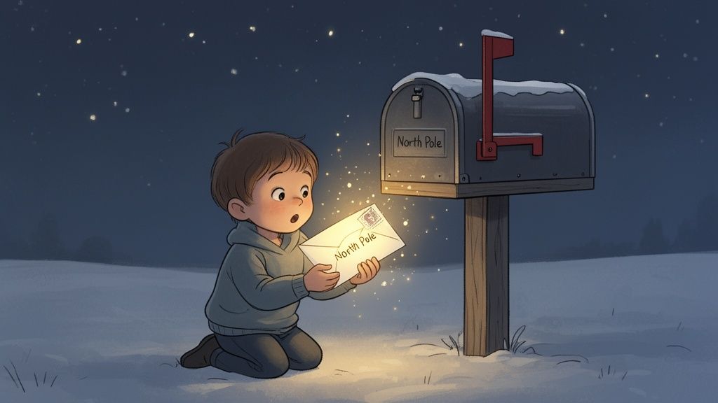 A young boy kneels in snow at night, holding a glowing letter addressed to the North Pole next to a mailbox.