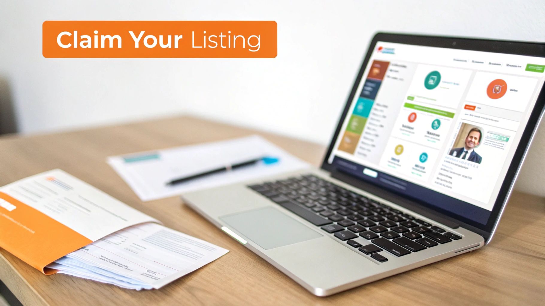 A laptop displays a business listing profile with a man's photo, alongside documents on a desk, promoting 'Claim Your Listing'.