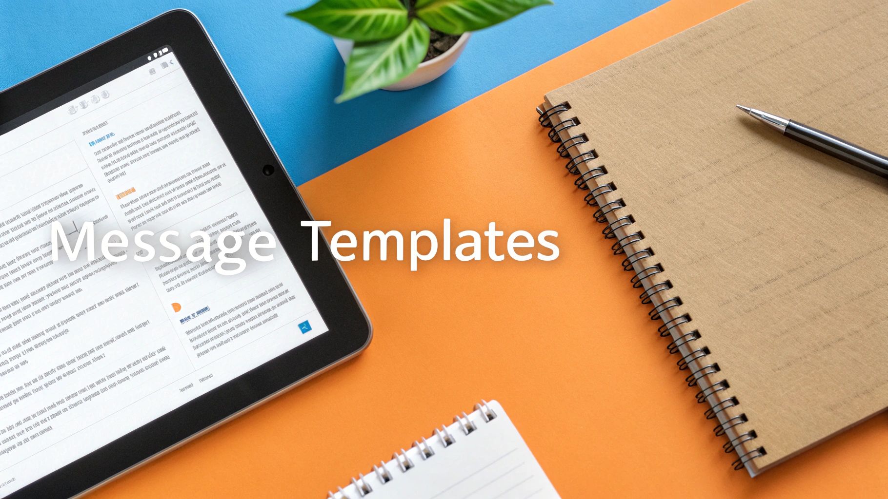 A flat lay of a tablet, two notebooks, a pen, and a plant on a desk with 'Message Templates' overlay.