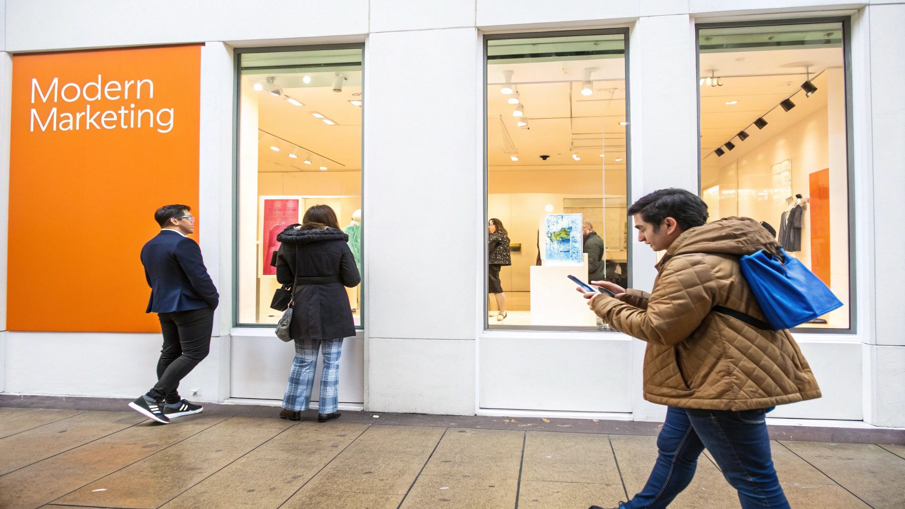 People walking past a retail store with a 'Modern Marketing' sign on an orange wall.