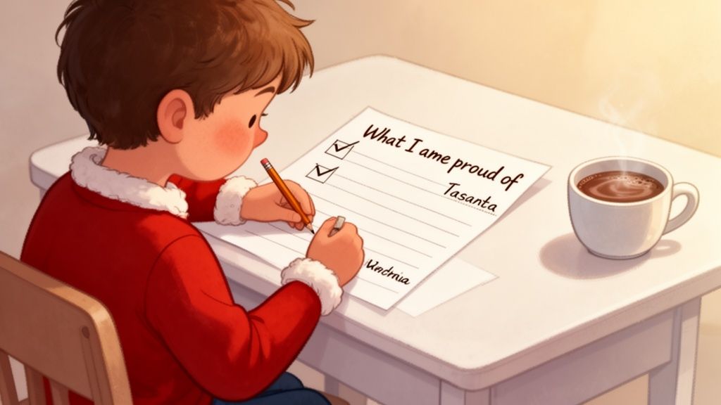 A child in a festive red shirt writes a list on paper next to a steaming cup of hot chocolate.