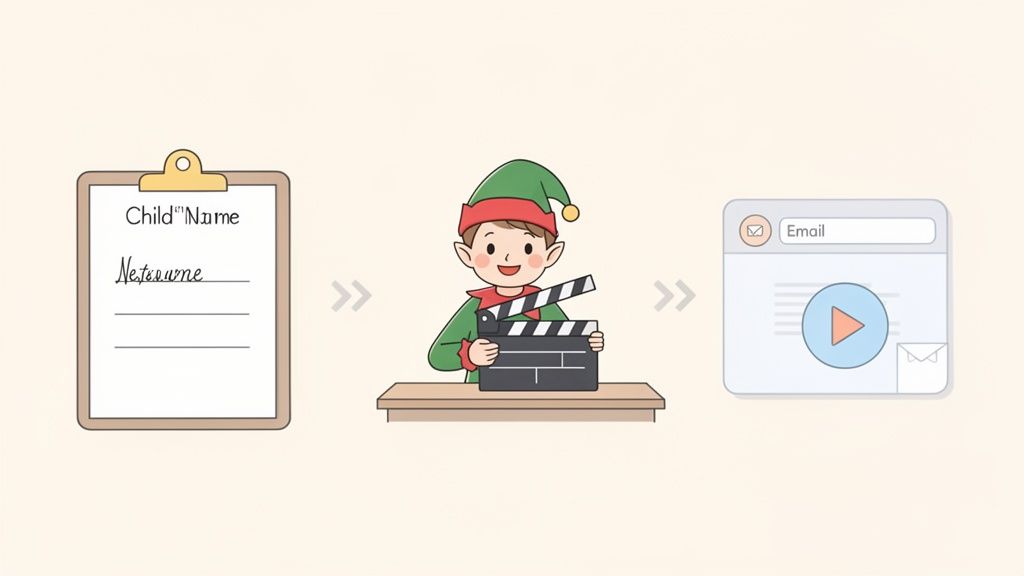 An illustration showing an elf producing a personalized video message, from name input to email delivery.
