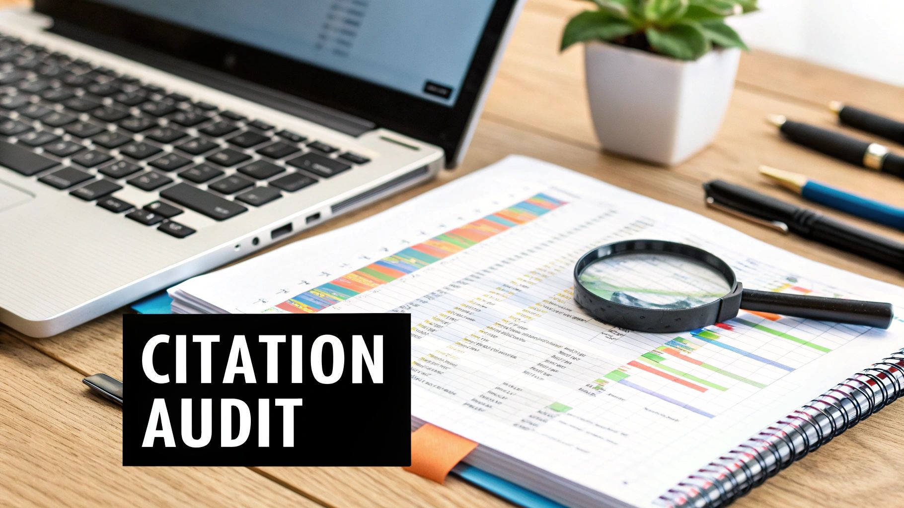 A magnifying glass hovering over a digital map with business location pins.