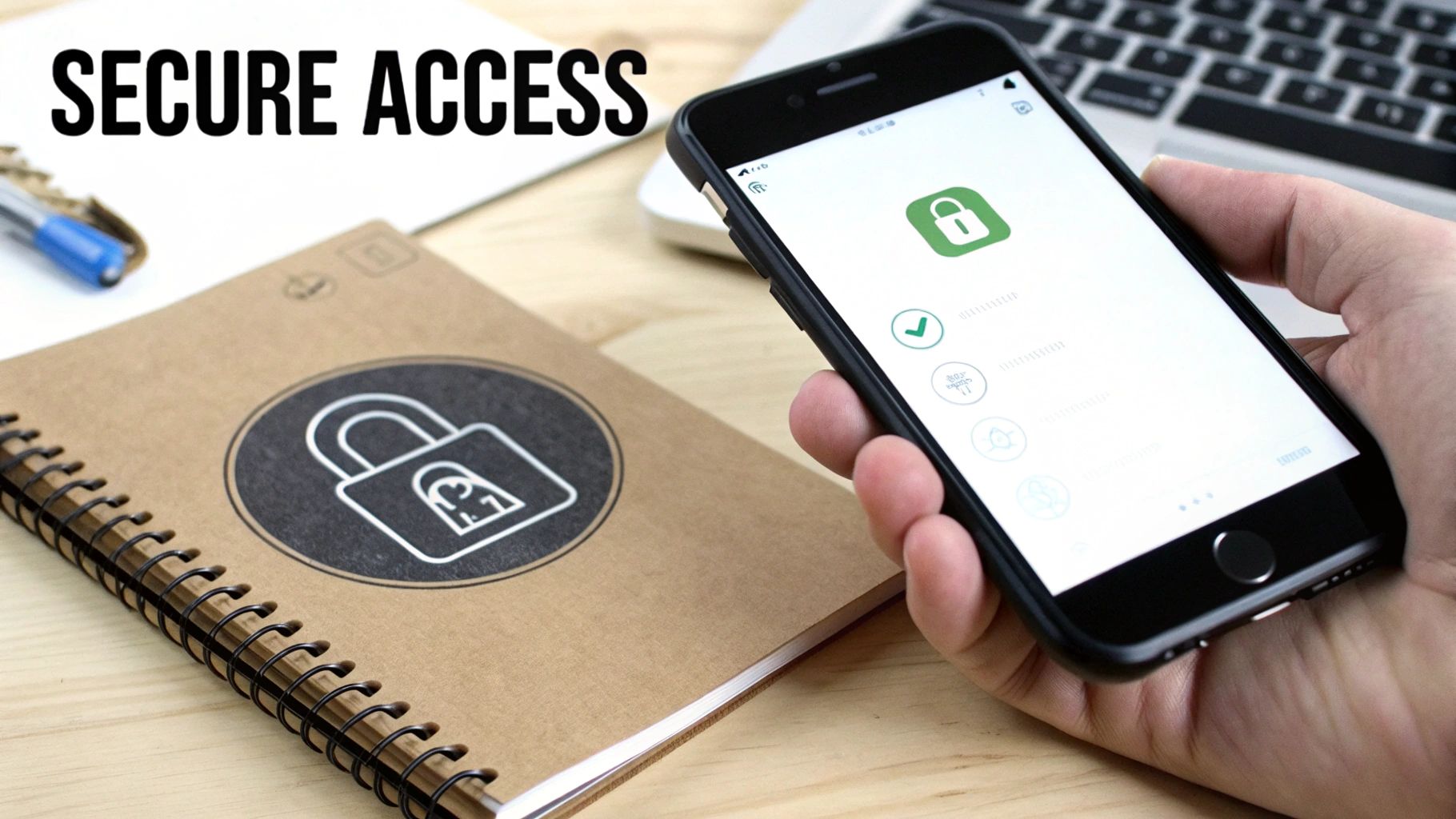 A hand holding a smartphone displaying a security app with a lock icon, next to a notebook, for secure access.