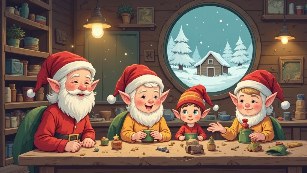 Four cheerful Christmas elves gathered around wooden table in cozy Santa's workshop