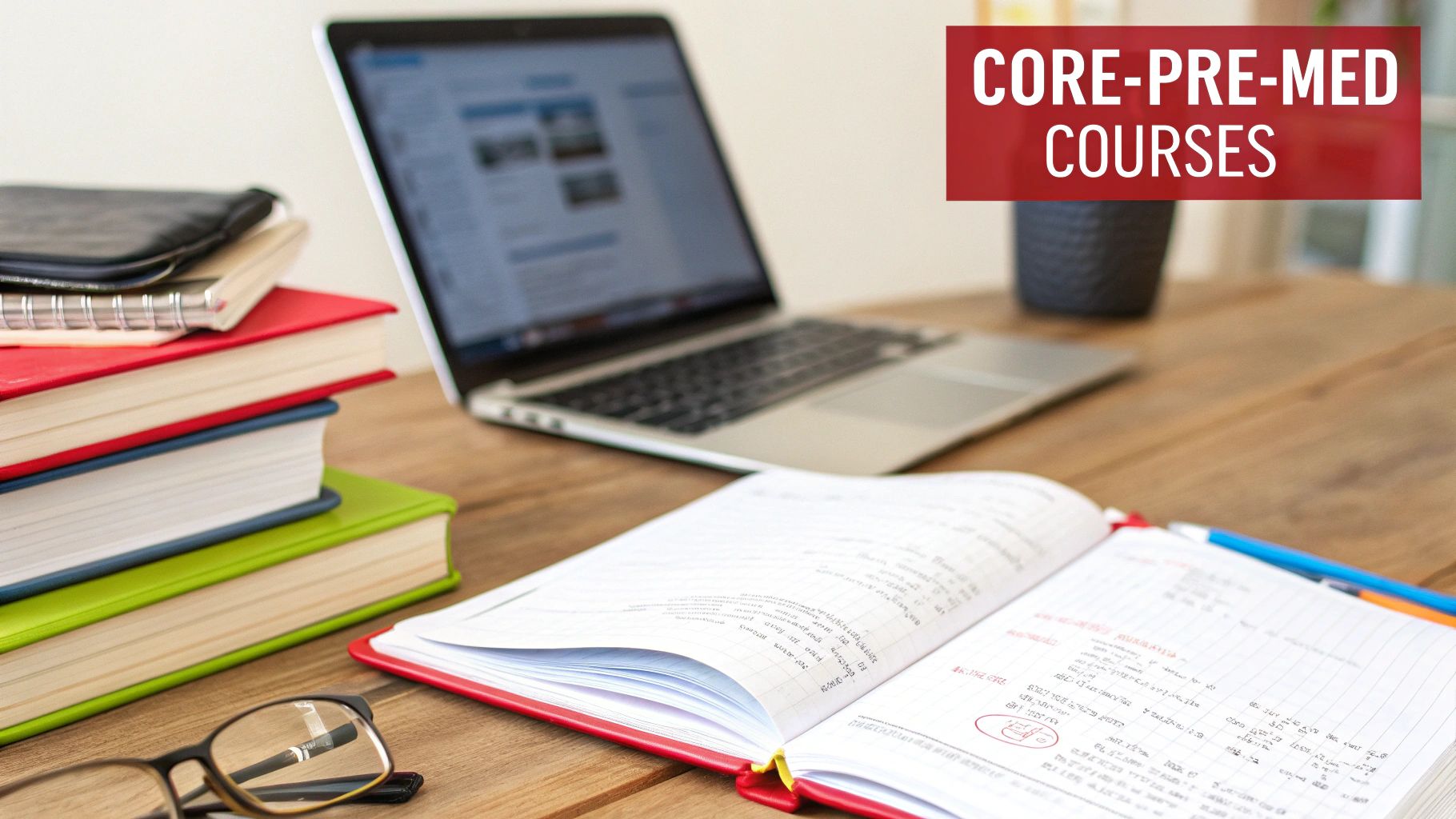 Desk with a laptop, stack of textbooks, open notebook, and 'CORE-PRE-MED COURSES' banner.