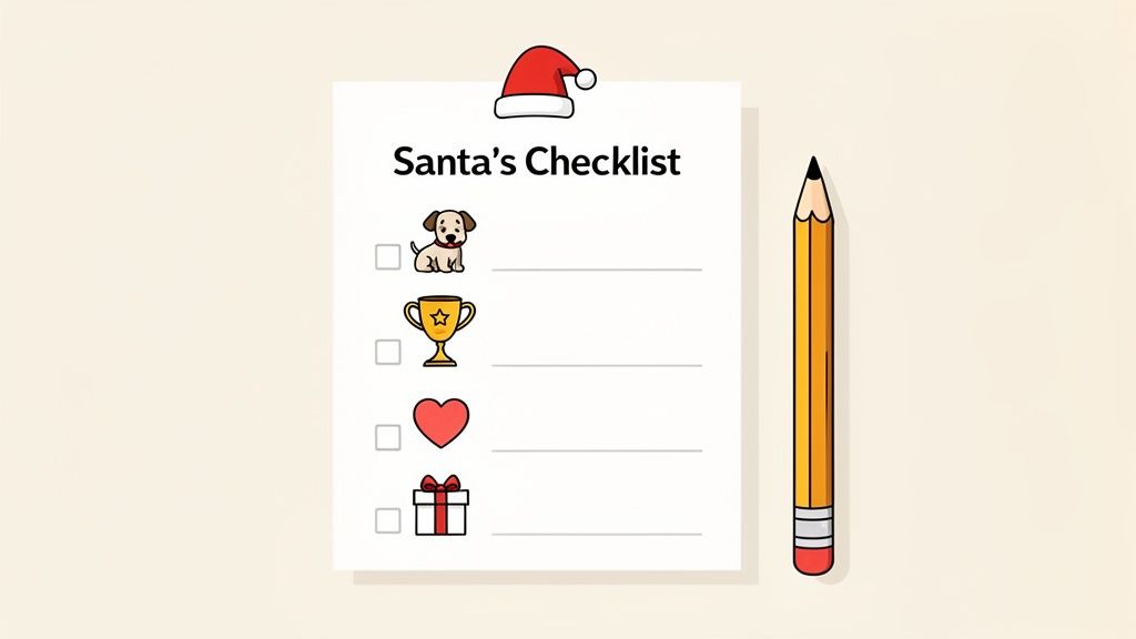 Santa's checklist featuring a puppy, trophy, heart, and gift, next to a yellow pencil.