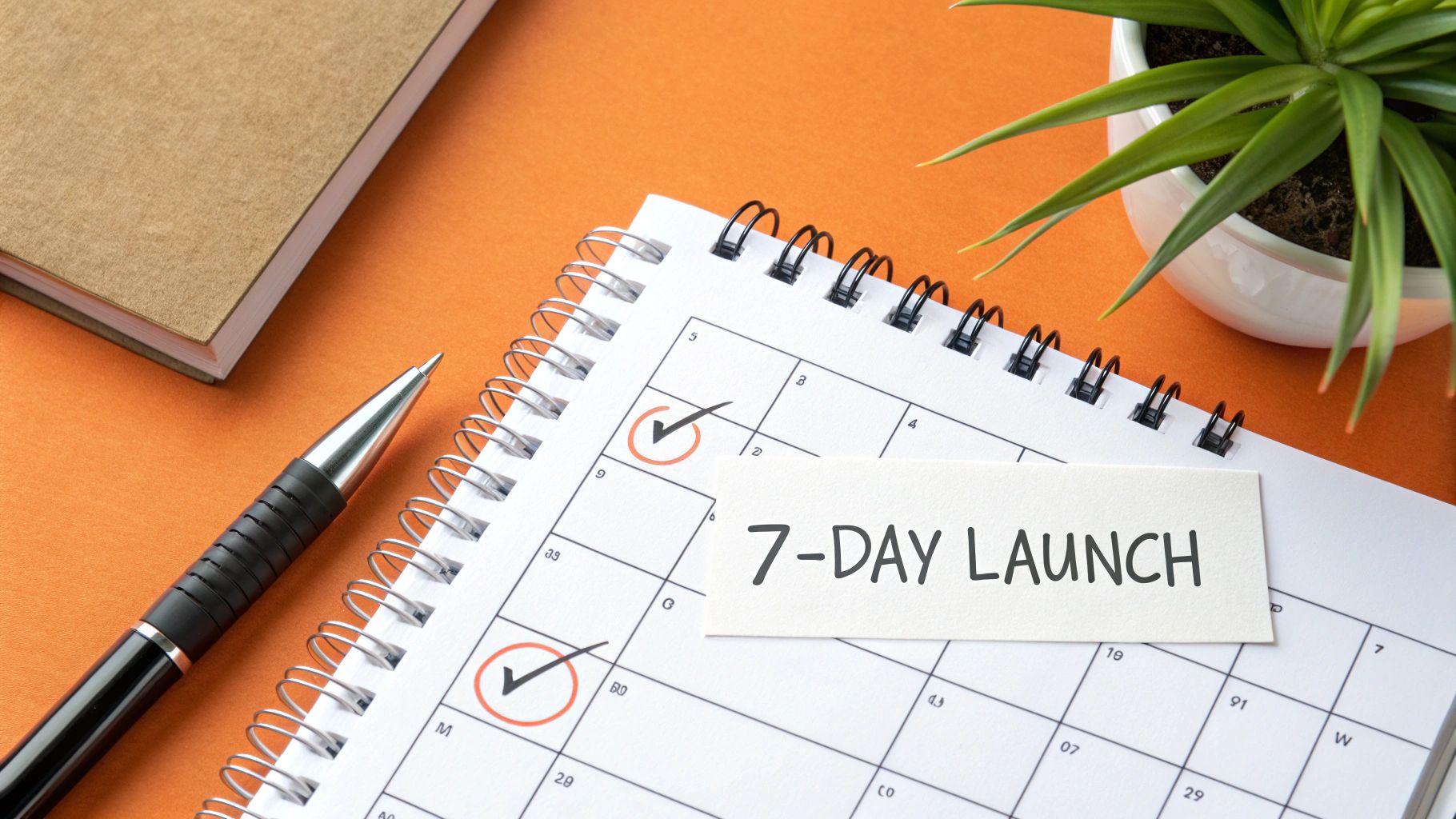Close-up of a calendar, pen, notebook, and '7-DAY LAUNCH' note, indicating a scheduled event.