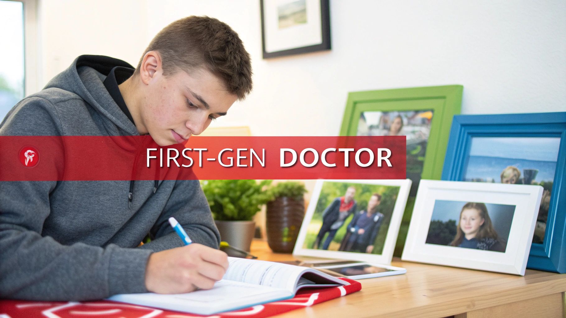 A focused young male student writing in a notebook, aspiring to be a first-generation doctor.