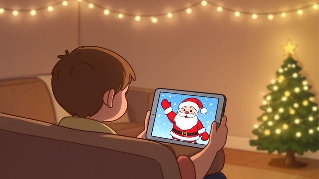 A child sits on a couch, watching a cartoon Santa Claus on a tablet in a Christmas-decorated room.
