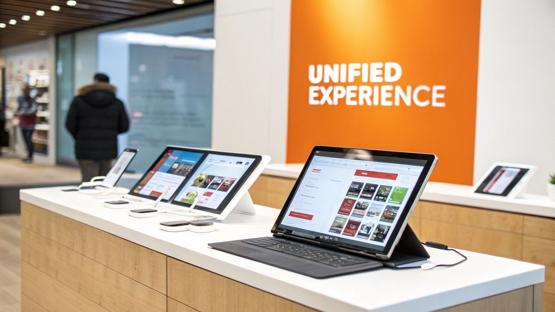 Tablets displaying unified customer experience interface on modern retail display counter
