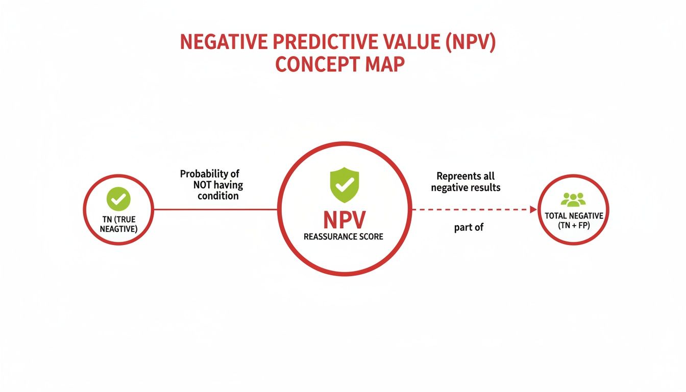 A concept map illustrating Negative Predictive Value (NPV) with True Negative and Total Negative components.