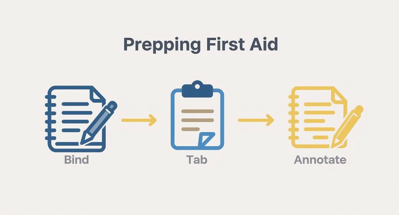 An infographic showing a three-step process for prepping your First Aid book: Bind, Tab, and Annotate.
