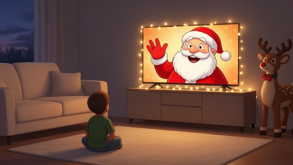 A young boy sits watching Santa Claus on a TV decorated with Christmas lights.