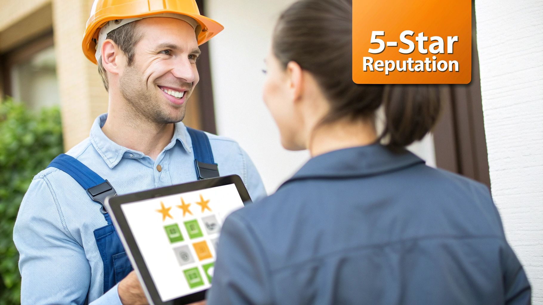 A smiling male electrical contractor shows a customer a tablet with a 5-star rating.