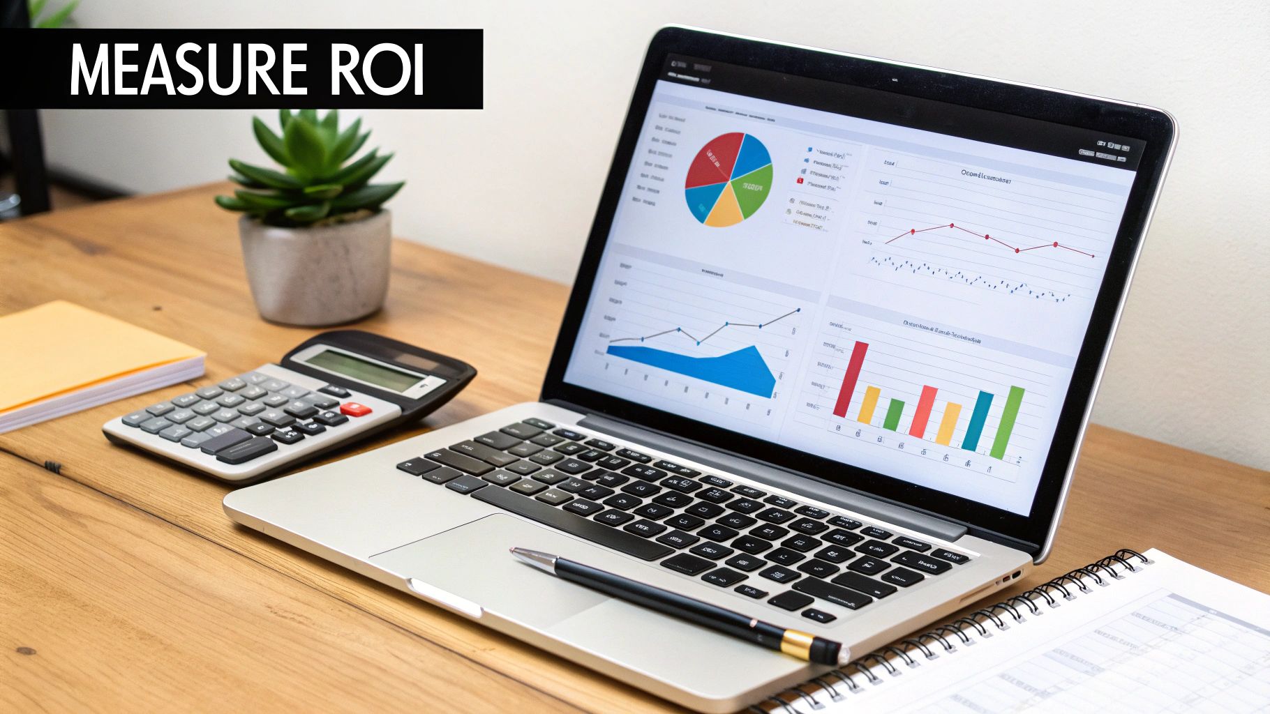 Laptop displaying business charts and graphs, with a calculator and pen on a wooden desk, highlighting ROI.
