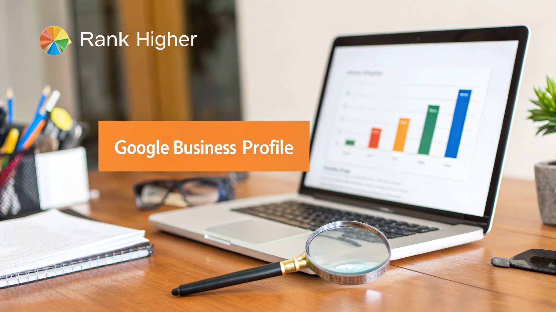 A desk with a laptop showing a bar chart, a magnifying glass, and a 'Google Business Profile' banner.