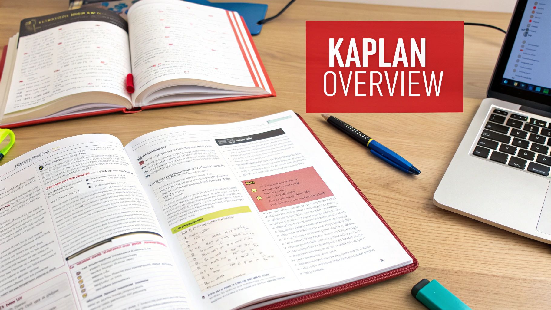 A student's wooden desk with open Kaplan study books, a laptop, pen, and a green highlighter.